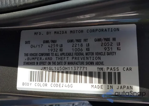 2017 Mazda 6 Sport из США, поврежденный, VIN JM1GL1U50H1137771